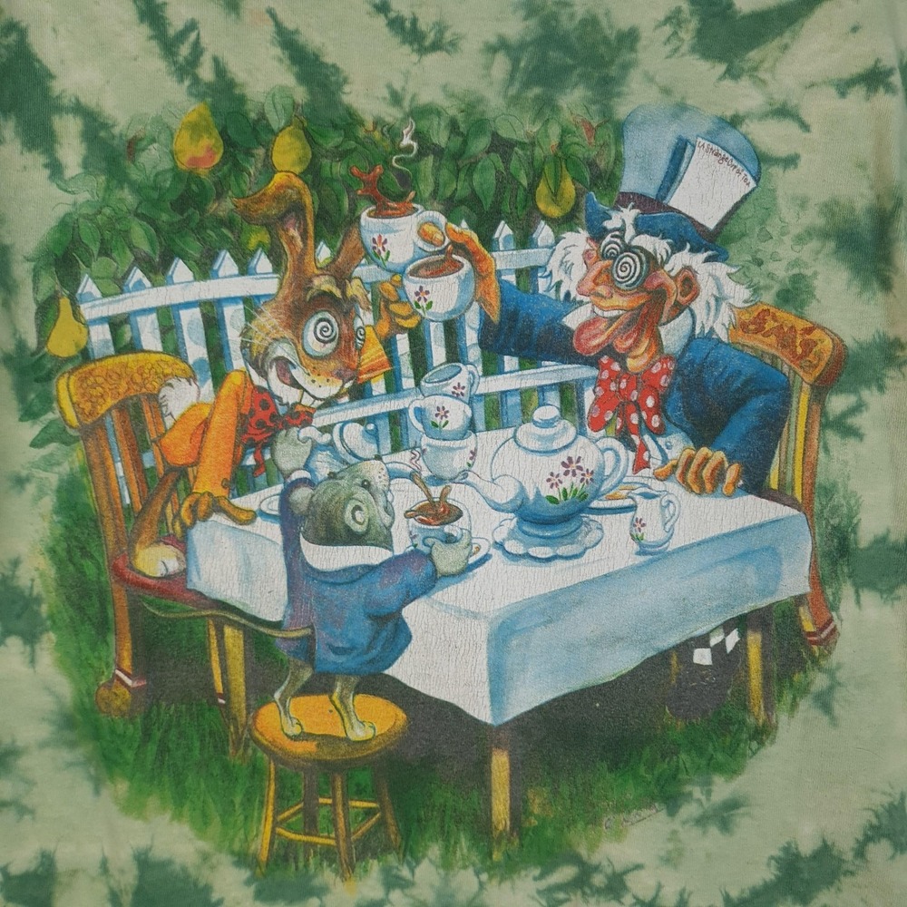 Vintage Alice In Wonderland Shirt Mens Large Green Tie Dye Mad Hatter Tee